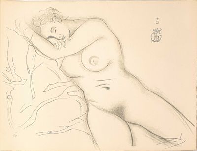 dessin représentant une femme nue allongée sur un lit, les mains posées sur sa poitrine