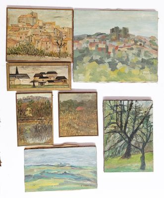 many paintings on display on the wall of this room