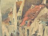 une peinture à l'huile représentant une scène de rue avec des personnes marchant dans la rue