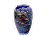 a blue vase with leaves on it on a white background