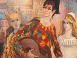 une peinture à l'huile représentant trois personnes en costume, tenant une guitare