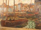 une peinture de bateaux dans un port avec des bâtiments à l'arrière-plan