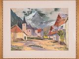 an image of a painting of a village with a mountain in the background