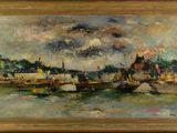 une peinture à l'huile d'une scène portuaire avec des bateaux dans l'eau