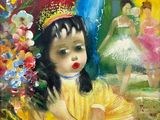 a painting of a little girl holding a bouquet of flowers