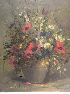a painting of flowers in a vase on a table