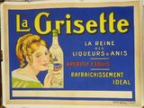 une affiche sur laquelle on peut lire « La Grisette » et qui représente une femme tenant un verre de vin