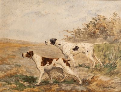 tableau représentant deux chiens courant dans un champ, avec des arbres en arrière-plan