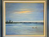 an oil painting of a sailboat in the ocean with a lighthouse in the background