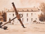 a painting of an anchor on the ground in front of a house