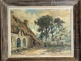 une peinture à l'huile représentant une maison au toit de chaume avec un arbre au premier plan