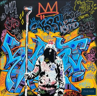 tableau représentant un homme debout devant un mur recouvert de graffitis