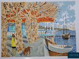 un tableau représentant une femme et un chien au bord de l'eau