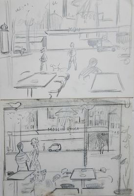 sketches of a kitchen and dining area in a small apartment