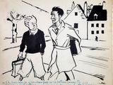 drawing of a man and a woman walking down a street