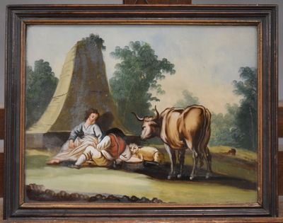 un tableau représentant une femme et une vache dans un champ