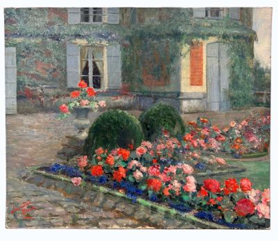 a painting of a house with a garden in front of it