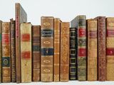many old books lined up in a row on a shelf