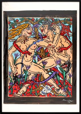 a painting of three women in bikinis in a garden