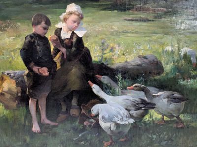 painting of two children feeding ducks in a field with a pond in the background