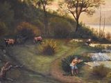 a painting of a boy and a cow by a river