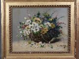 an oil painting of a basket of flowers on a table