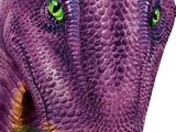 la tête d'un dinosaure violet aux yeux verts sur fond blanc