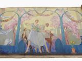 painting of a woman on a horse and a man on a horse in a park