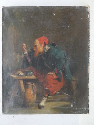 tableau représentant un homme assis à une table avec un verre de vin