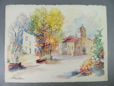 a watercolor painting of a church in the country