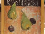 a painting of pears and cherries on a table