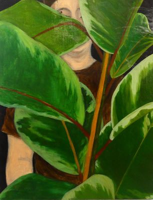 painting of a woman holding a green plant in front of a black background