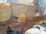 a painting of chickens and ducks in a barn