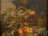 painting of a basket of fruit on a table next to a basket of peaches