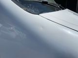 a close up of the hood of a white car