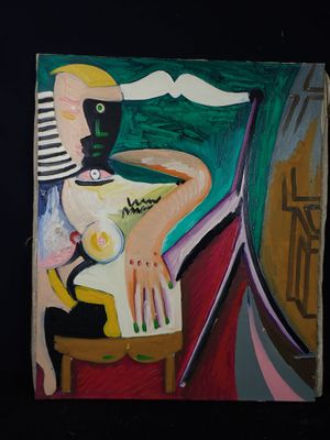 une peinture représentant une femme assise sur une chaise