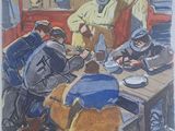painting of a group of men sitting around a table eating food