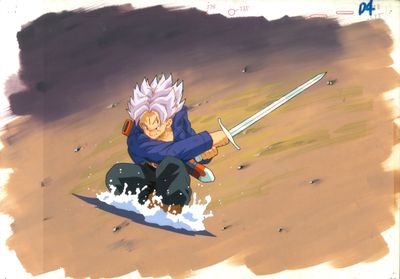 Gohan de Dragon Ball, tenant une épée dans chaque main