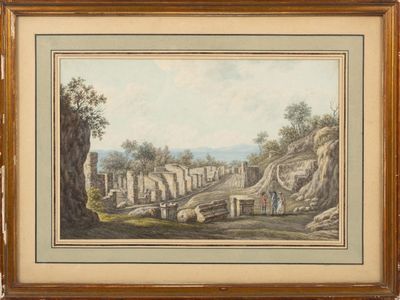 un vieux tableau représentant un paysage avec un homme et un chien