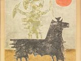 an image of a drawing of a horse with a man in the background