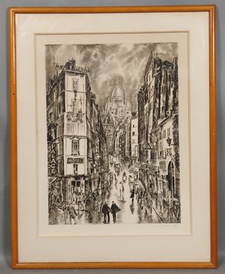 un dessin en noir et blanc représentant une scène de rue en ville