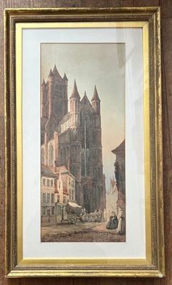 framed picture of a painting of a city street with a church in the background