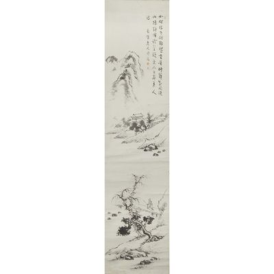 two chinese scroll paintings of trees and flowers on a white background