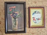 two framed pictures of flowers in a vase and a picture of a butterfly