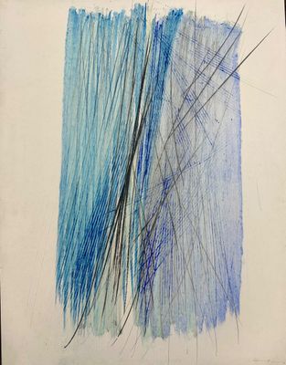 painting of blue and black lines on a piece of white paper