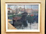 a painting of a boat in a harbor with other boats in the water