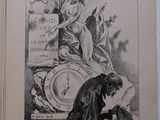 an old book with a drawing of a woman sitting on top of a clock