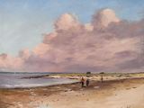 un tableau représentant des personnes se promenant sur la plage au bord de l'eau