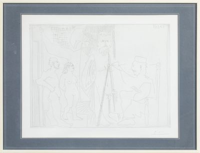 a drawing of a man standing in front of a painting