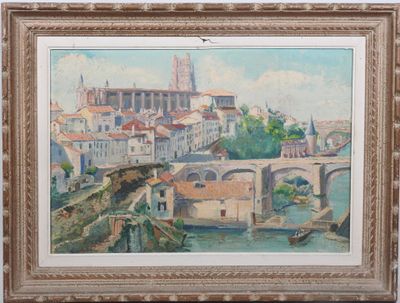 peinture d'une vue d'une ville avec un pont sur une rivière
